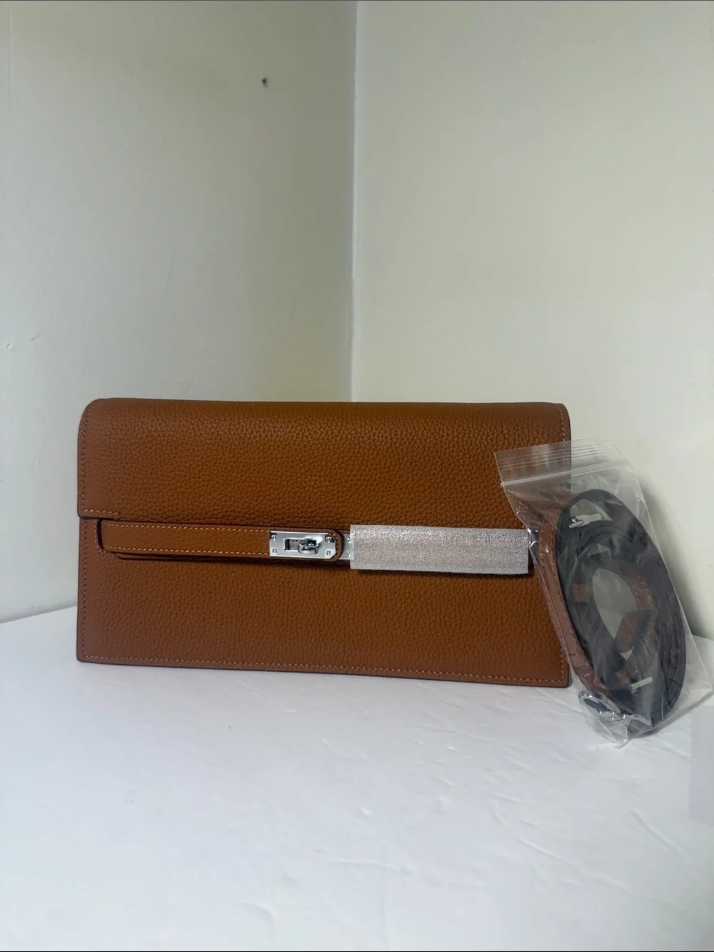 Textured Tan Leather Shoulder Bag with Silver-Tone Hardware
